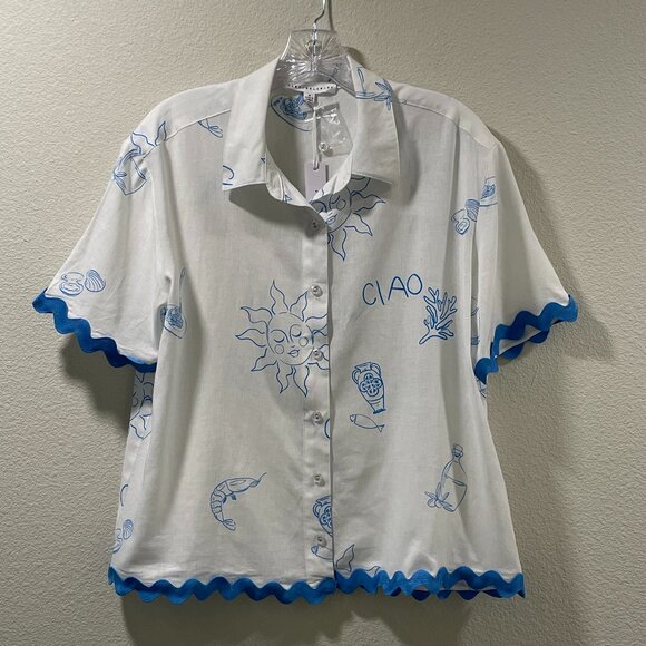 JANE & DELANCEY (NWT) "Ciao" Short Sleeve Button Down RicRac Blouse, Wht/Blu - M - Picture 1 of 9